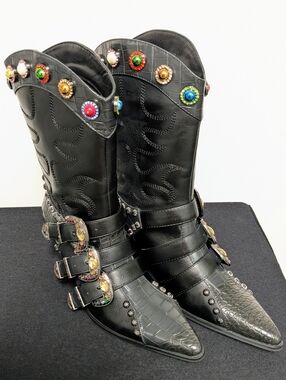 RARE Azalea Wang Jeweled Western Buckle Boots Statement Festival Cowboy Glam NEW
